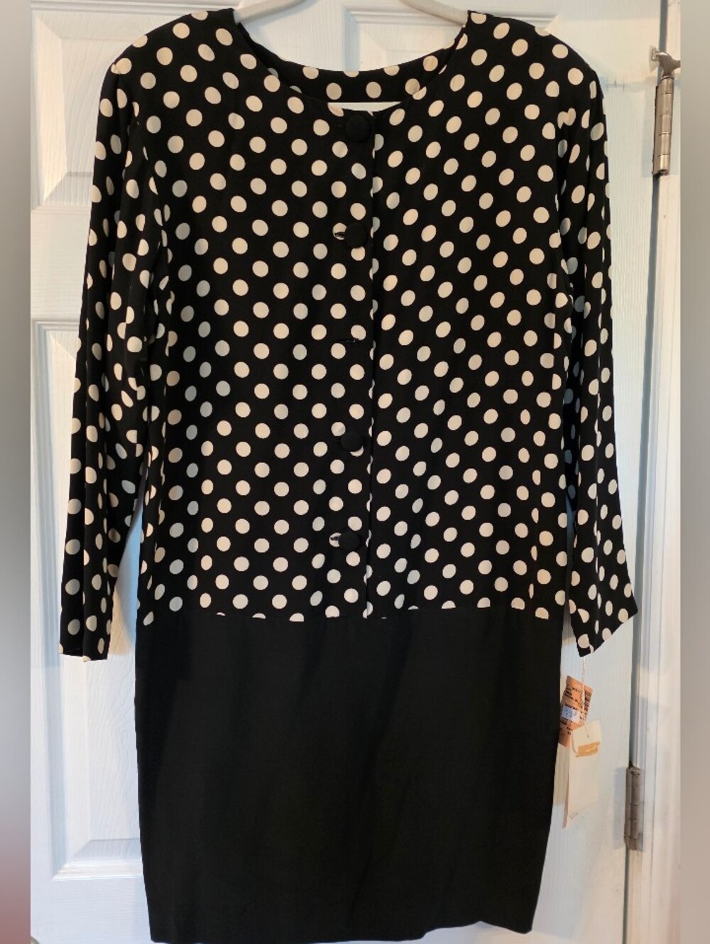Vintage Y.L.E.V. 100% Silk Polka Dot Drop Waist Dress Size 8 Long Sleeve 80s 90s